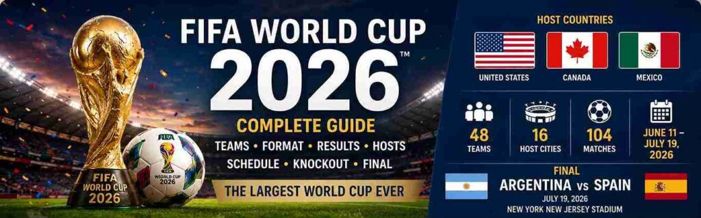 FIFA World Cup 2026 Complete Guide featuring the trophy, stadium, host countries, teams, format and tournament overview